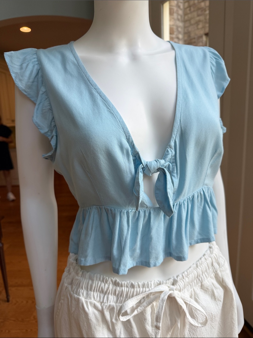 Roxy Light Blue Tie-Front Ruffle Crop Top - Picture 2 of 8